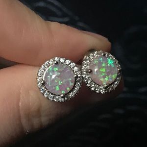 Cabochon pink opal halo earrings